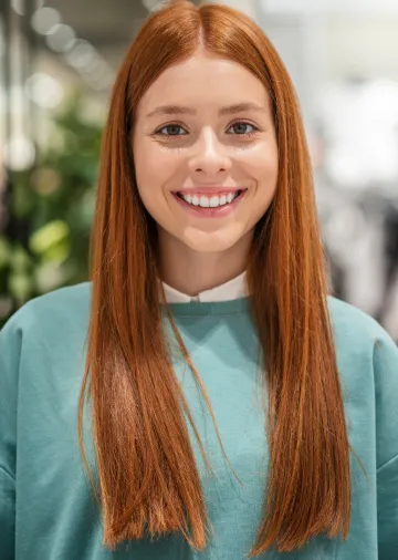 Smiling young woman with long red hair